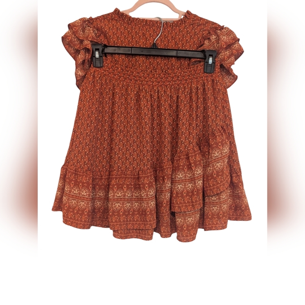 BCBG Paris Two Piece Orange Tiered Skirt And Smocked Top Bohemian Festival